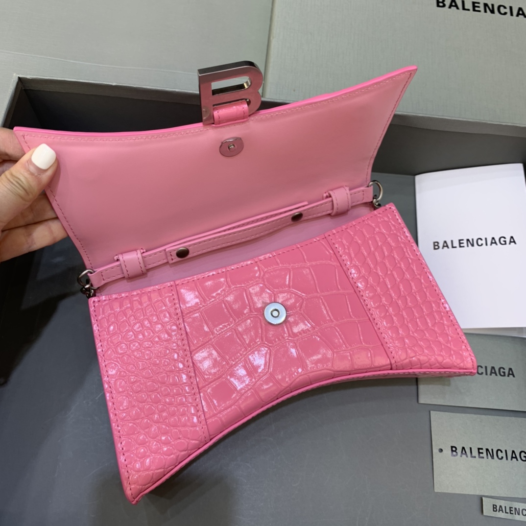 Balenciaga Big Hourglass Wallet With Chain Crocodile Embossed Shoulder Bag Pink